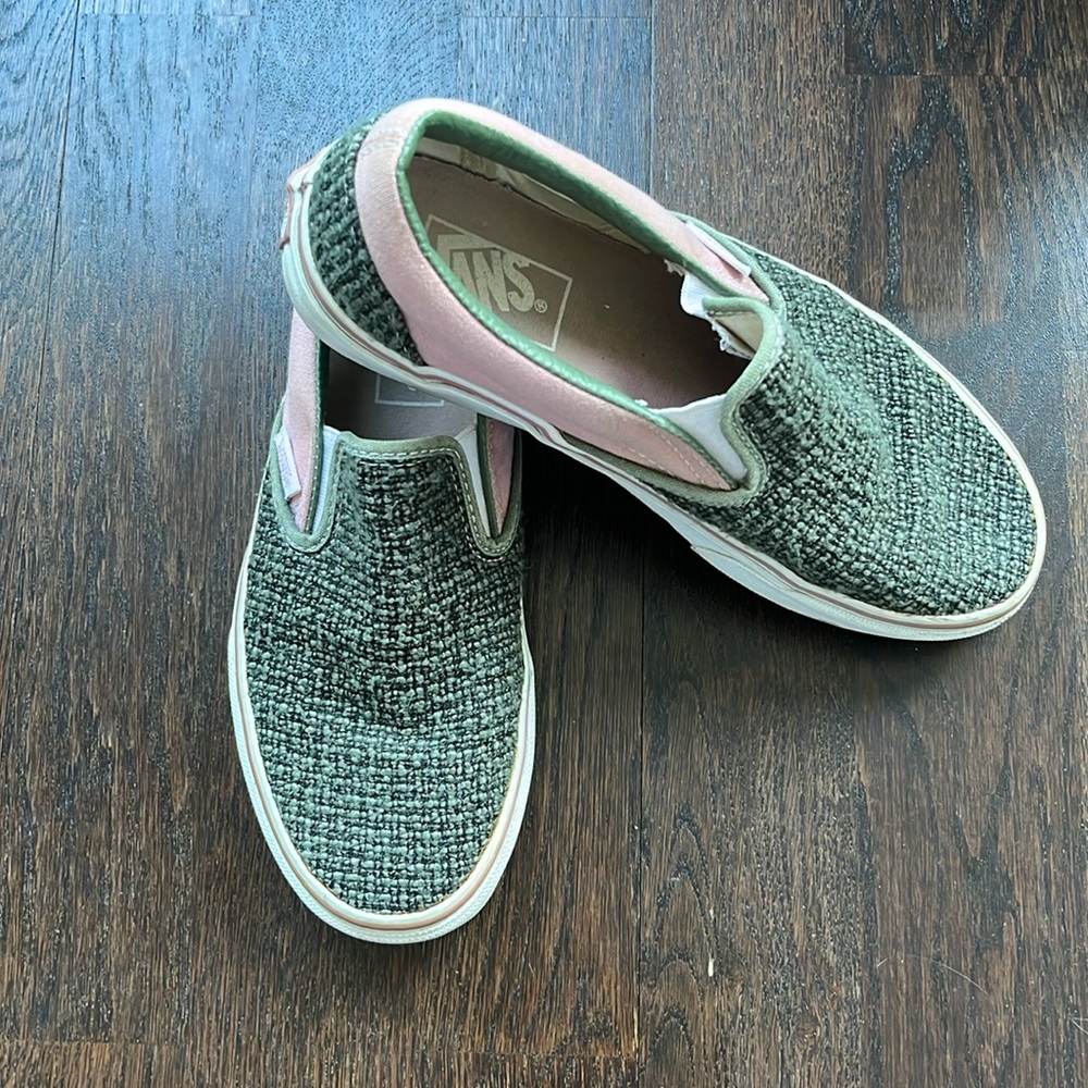 Green tweed and pink Vans slip ons